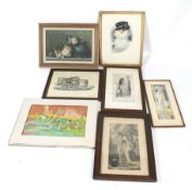 Assorted prints to include: after Arthur Hacker a grey scale print of a Pre-Raphalie scene,