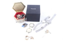 A collection of gold, silver and costume jewellery and watches.