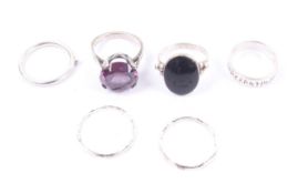 A group of six ladies silver rings including amethyst and agate