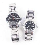 Two gentleman's stainless steel day/date bracelet watches. Comprising Seiko.