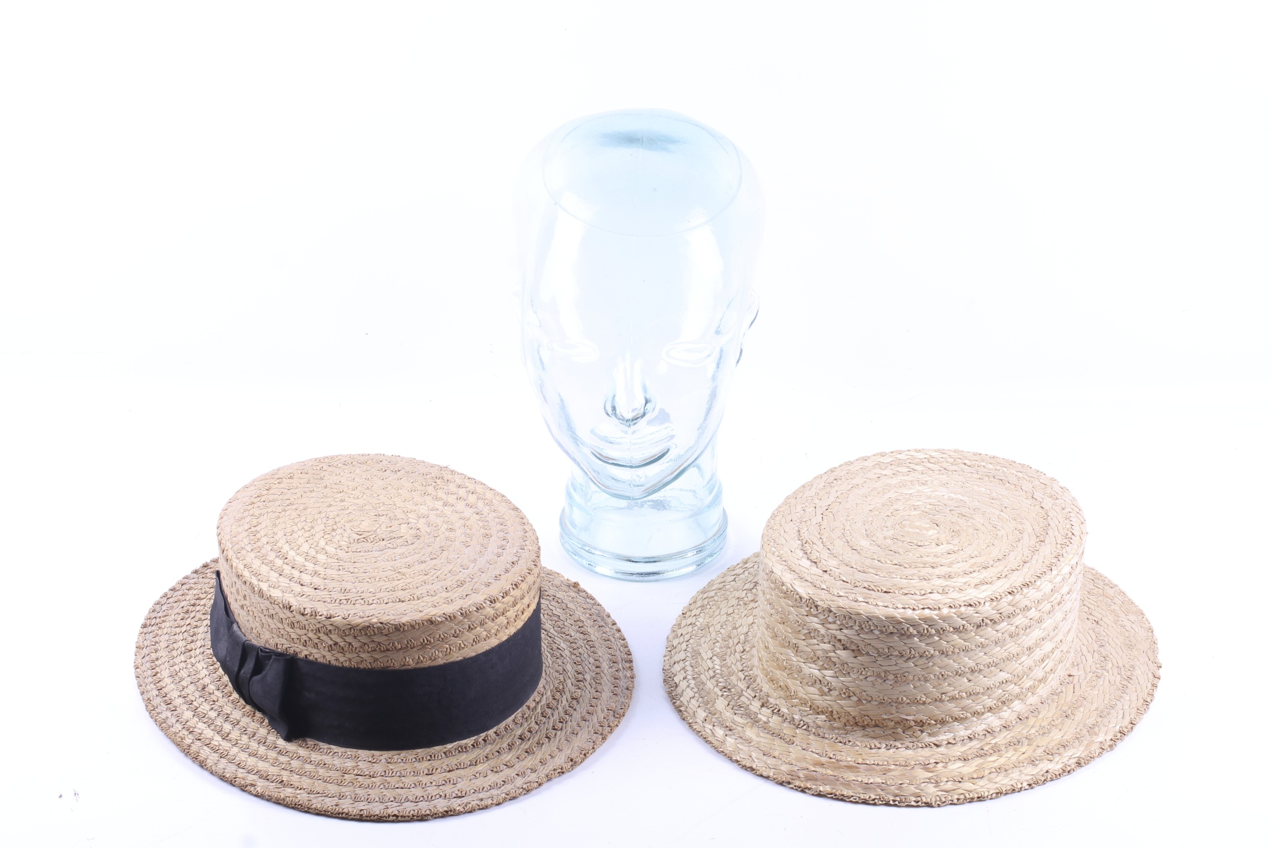 Two vintage straw boater hats and a glass headstand. - Image 2 of 4