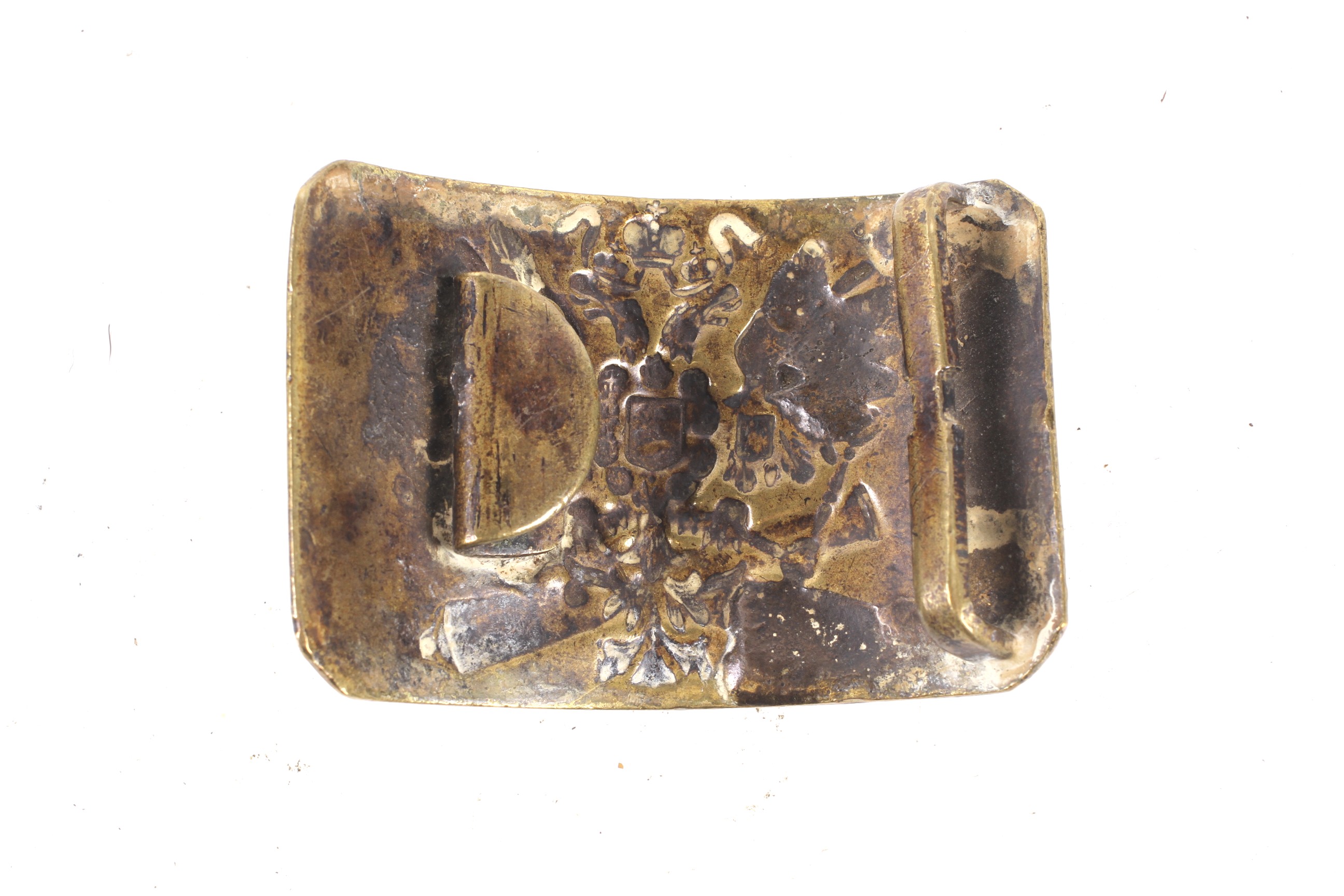 Two Russian WWI brass belt buckles and an empty cartridge. - Image 2 of 4