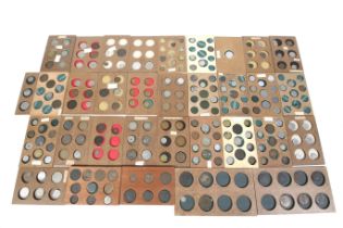 A collection of world coins. Including 19th and 20th century, in a wooden coin trays.