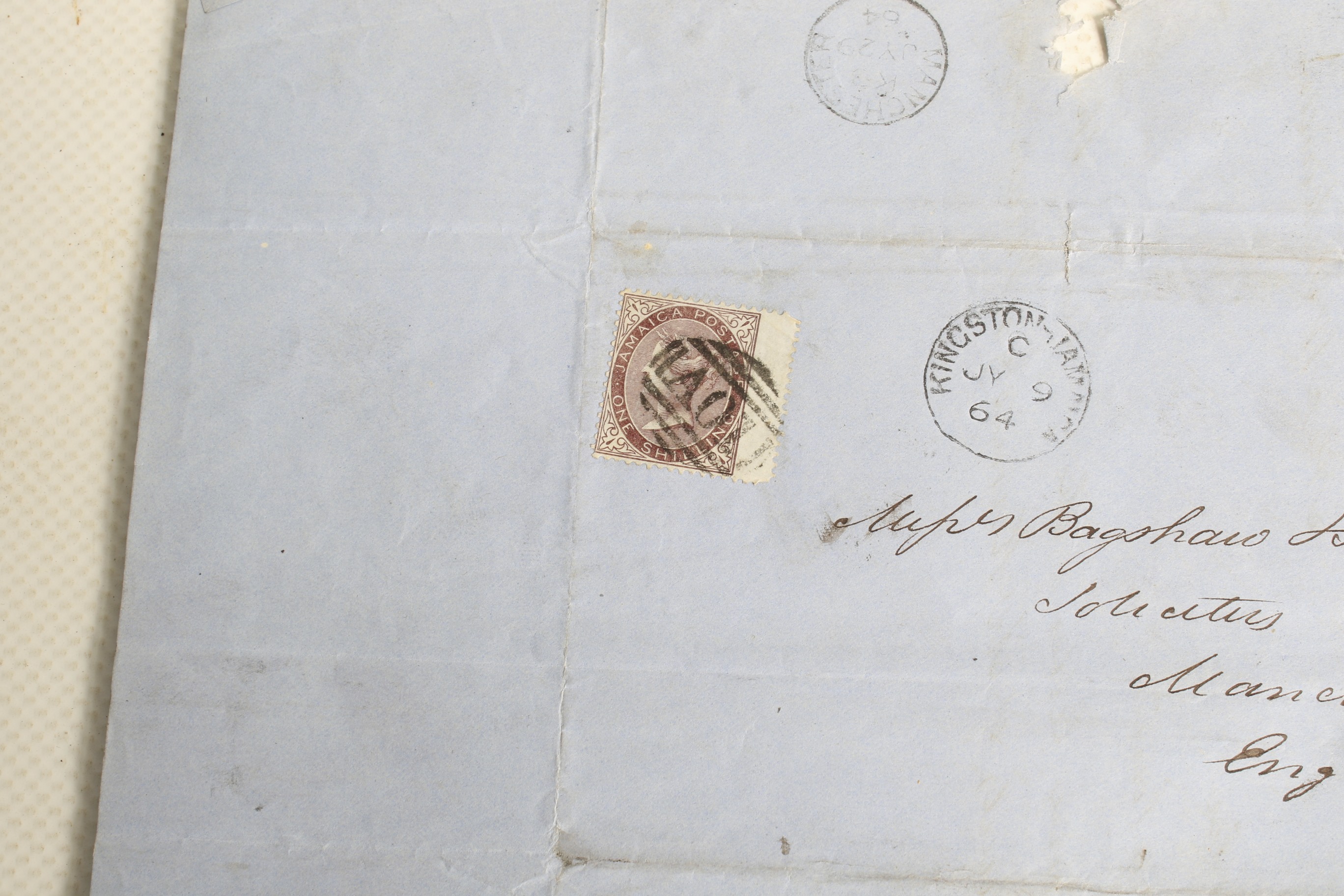 Three Jamaica one shilling stamps on covers. - Image 2 of 4