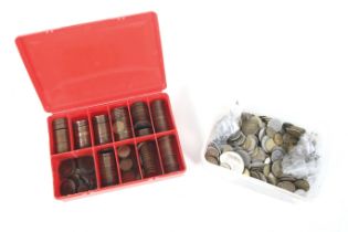 A group of modern world coins. Including a box of pennies, half pennies and brass 3d.