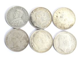 A group of six Indian Rupees coins. Dated 1835; 1840; 1906; 1907; 1917 and 1918.