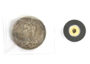 An 1889 crown coin and Australian 2010 gold $2 dollars coin, 0.5gm of .999 gold.