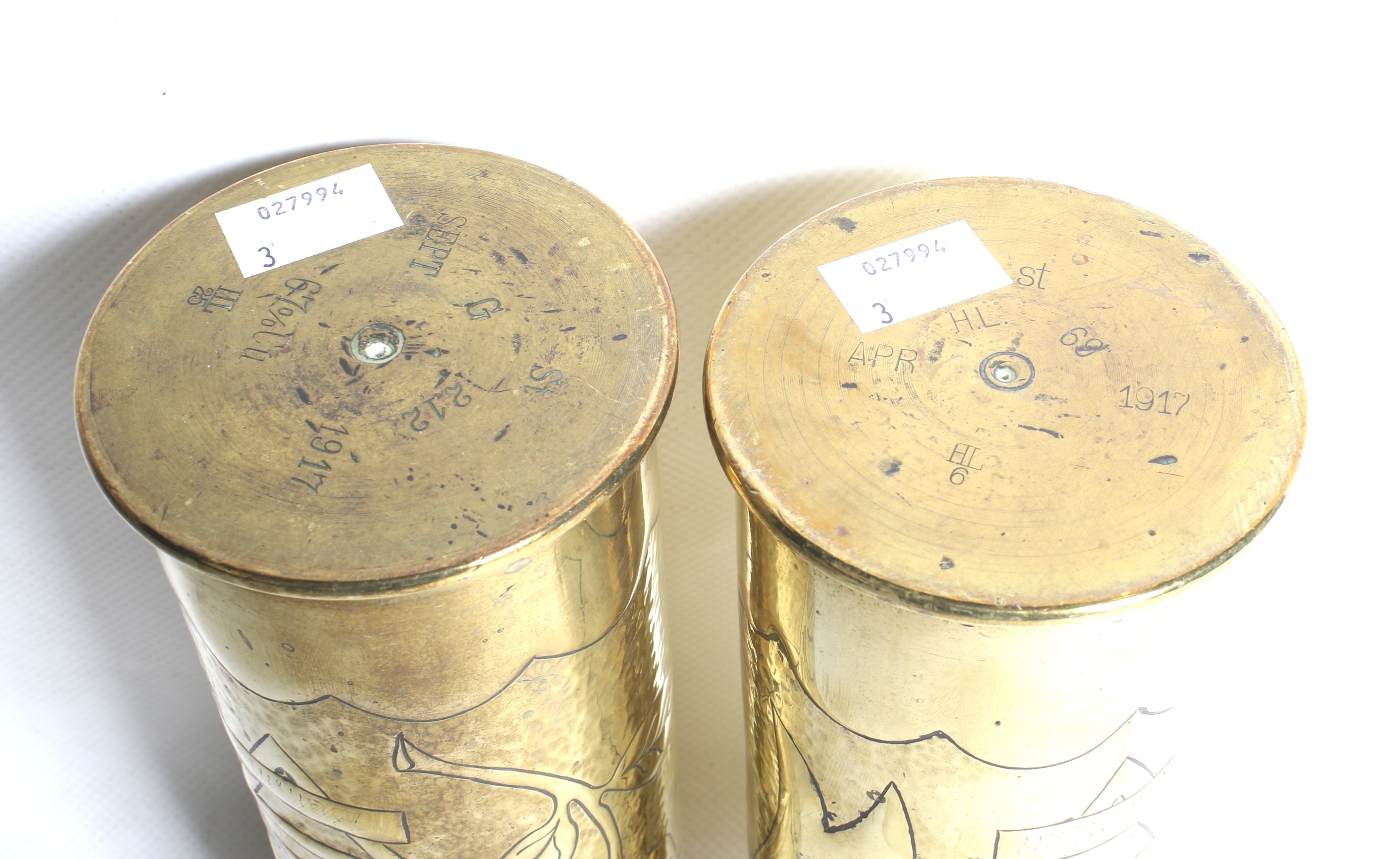 A pair of WWI shell case Trench Art vases. - Image 3 of 3
