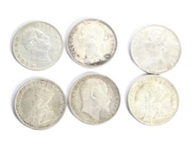 A group of six Indian Rupees coins. Dated 1835; 1840; 1901; 1906; 1918 and 1919.