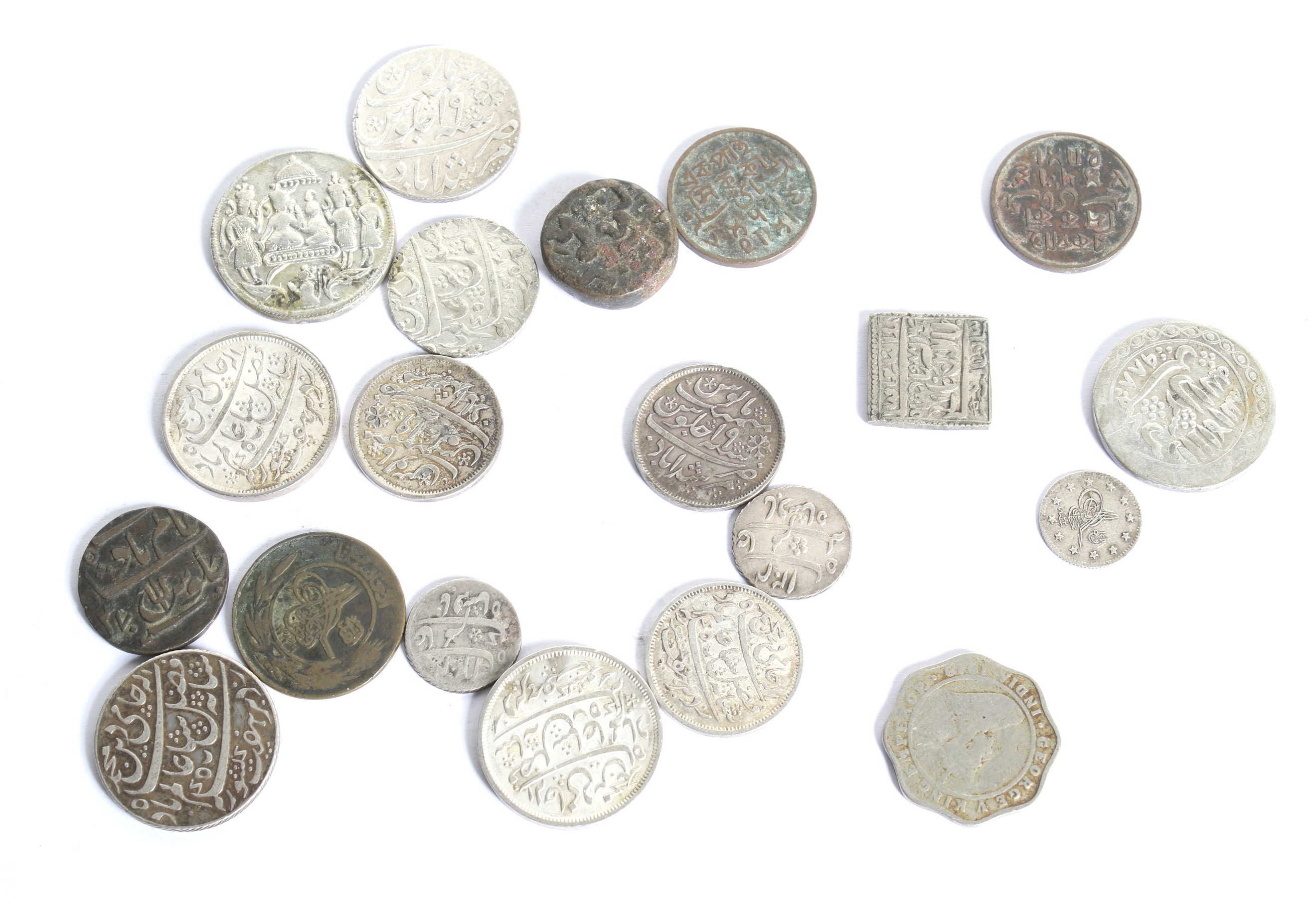 A collection of twenty Indian coins. Including Mughal Rupees and half Rupees. - Image 2 of 2
