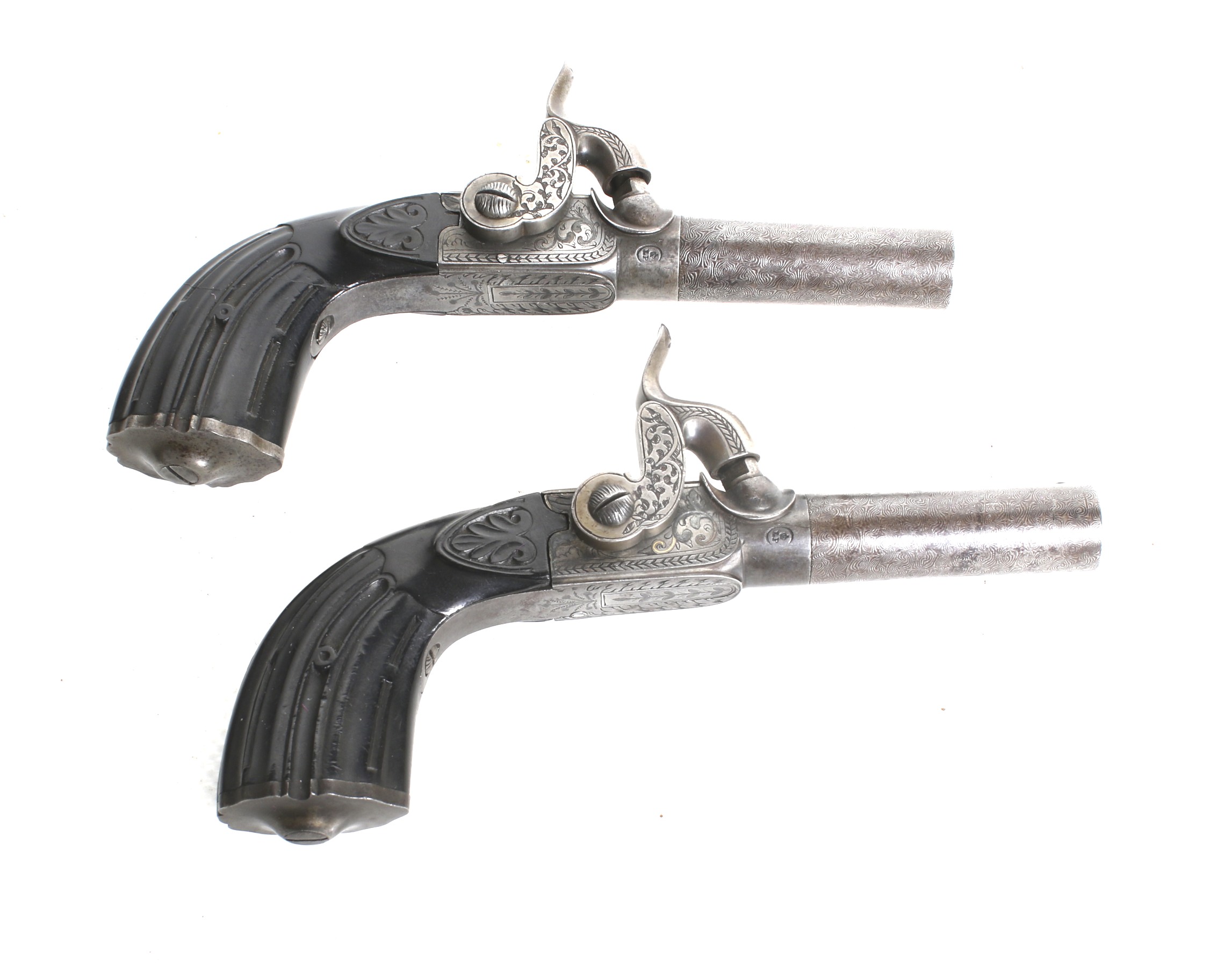 A pair of Belgian single barrel side hammer 40 cal percussion pistols. - Image 3 of 9