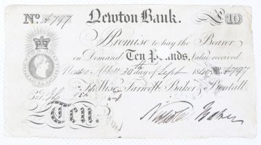 Georgian £10 bank note. Newton Bank 1840 cancelled (punch hole).
