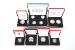 Silver proof £1 & £2 coins: £1 for 1993, 1998 and 1994-97 four coin sets.