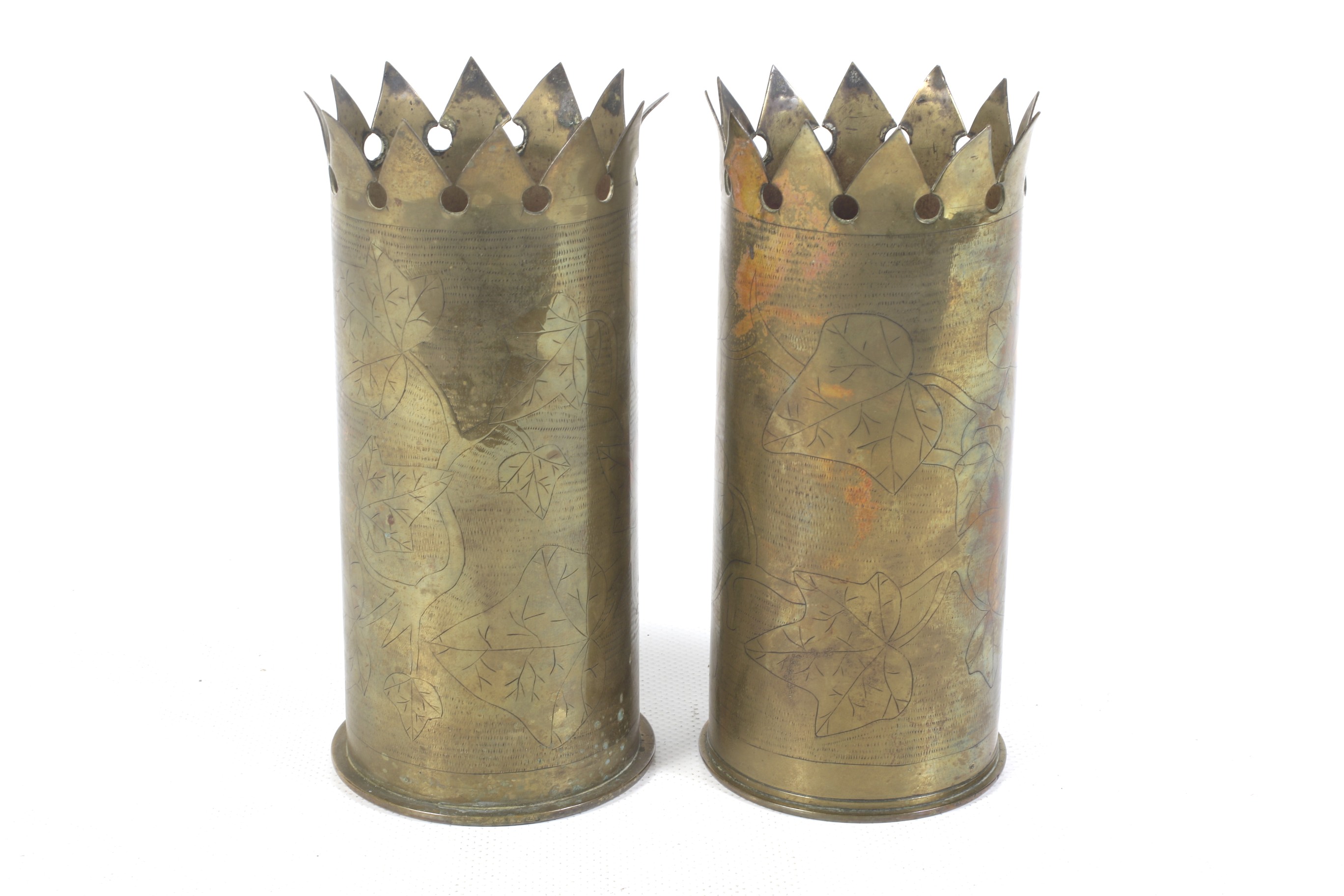 A pair of WWI Trench Art brass shell case vases. - Image 2 of 2