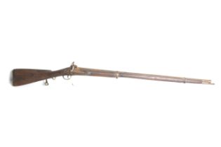An antique percussion musket. Circa 1860, 37" barrel, with loading rod, ideal wall hanging piece.