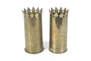 A pair of WWI Trench Art brass shell case vases.