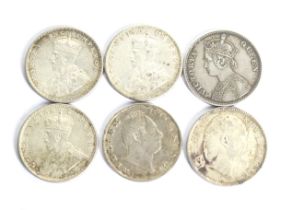 A group of six Indian Rupees coins. Dated 1835; 1862; 1907; 1913; 1918 and 1919.