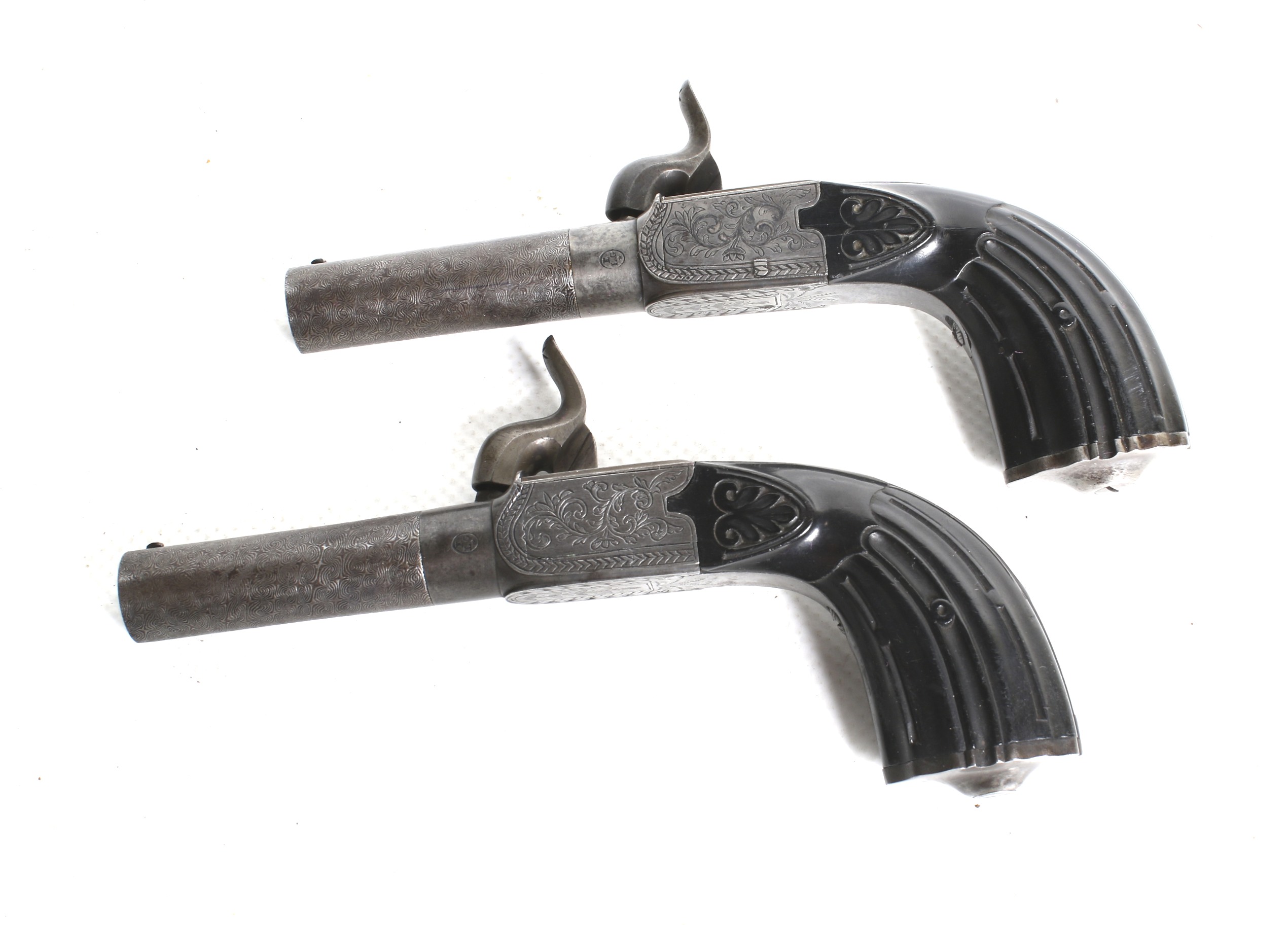 A pair of Belgian single barrel side hammer 40 cal percussion pistols. - Image 4 of 9