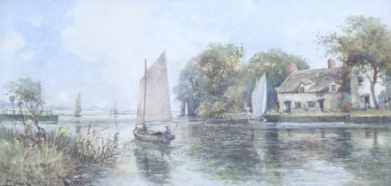 J Hughes Clayton (Welsh), watercolour, boats sailing in the countryside.