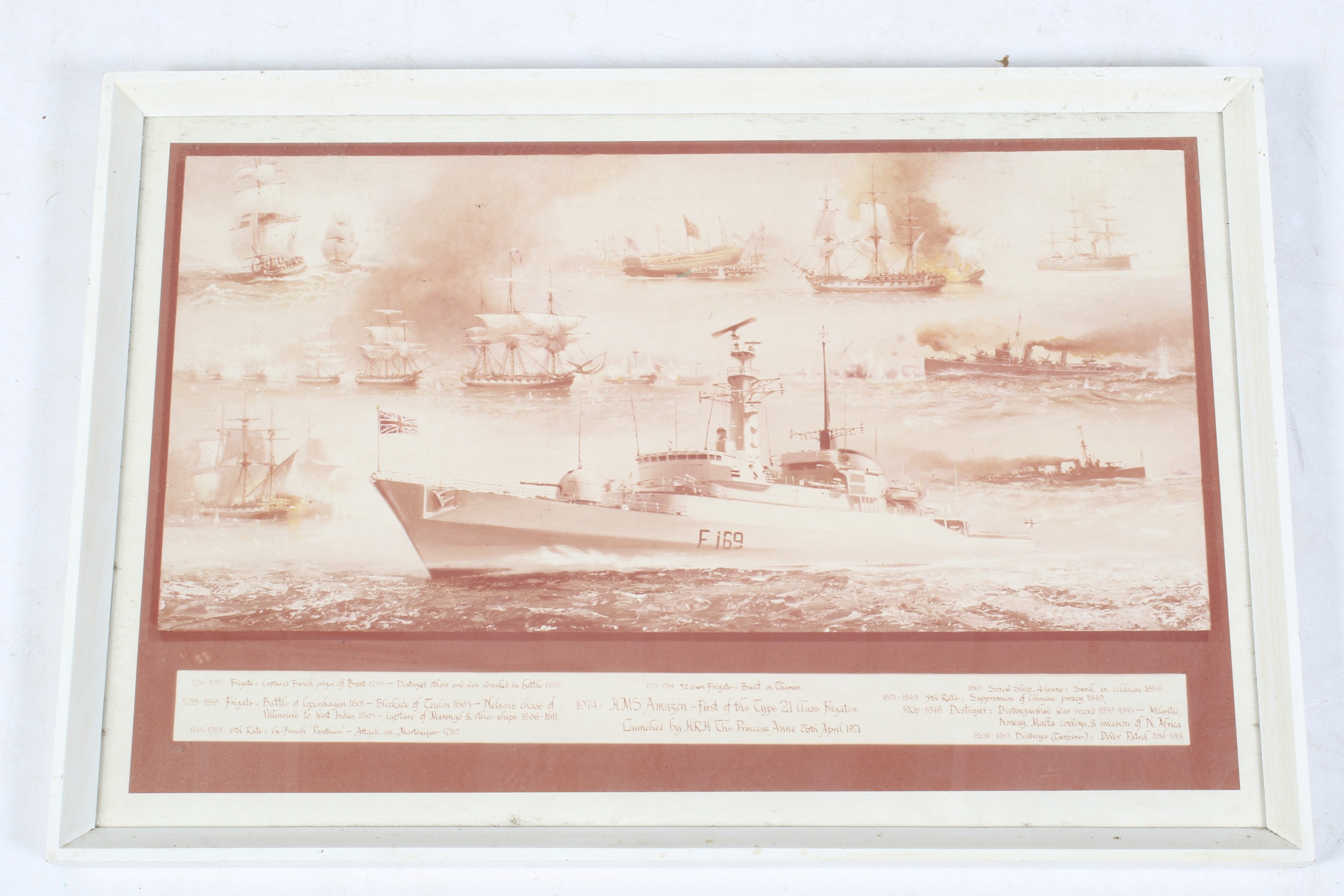 A vintage print of 'HMS Amazon'. Depicting multiple historical ships,