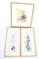 Three watercolours and prints of flowers and birds.