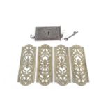 A cast metal door lock with key and a set of four door plates.