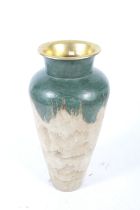 Large contemporary floor standing terracotta vase. With green top, drip glaze body and gilt rim.