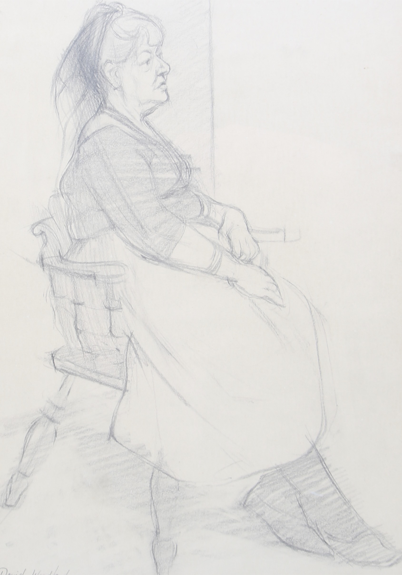 David Woodford (1938-), pencil drawing, woman sat in a smoker's bow chair.