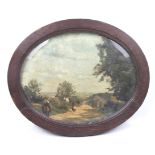 A circa 1900 oval oak framed print Manner of Corot, with belled glass.