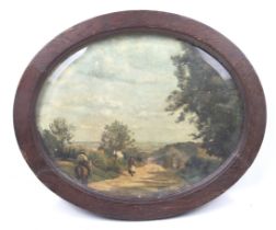 A circa 1900 oval oak framed print Manner of Corot, with belled glass.