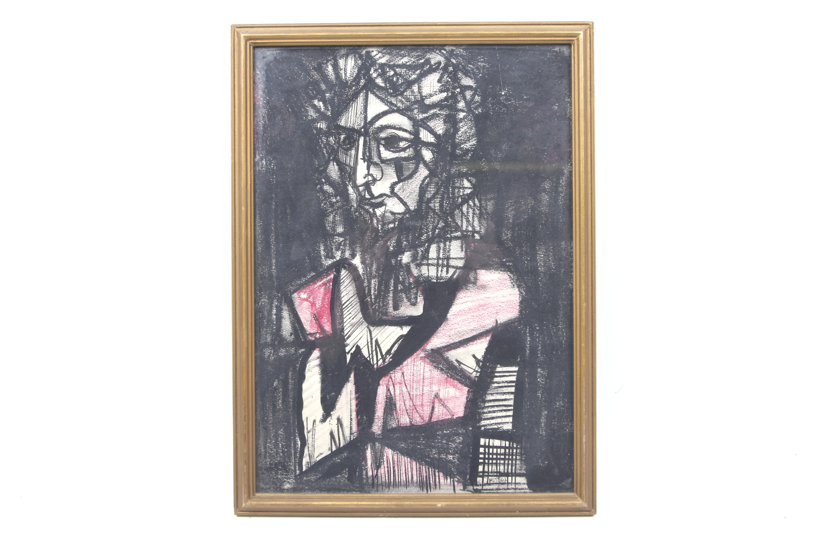 Hutt (20th century) pen and pastel, portrait of a figure. - Image 2 of 2