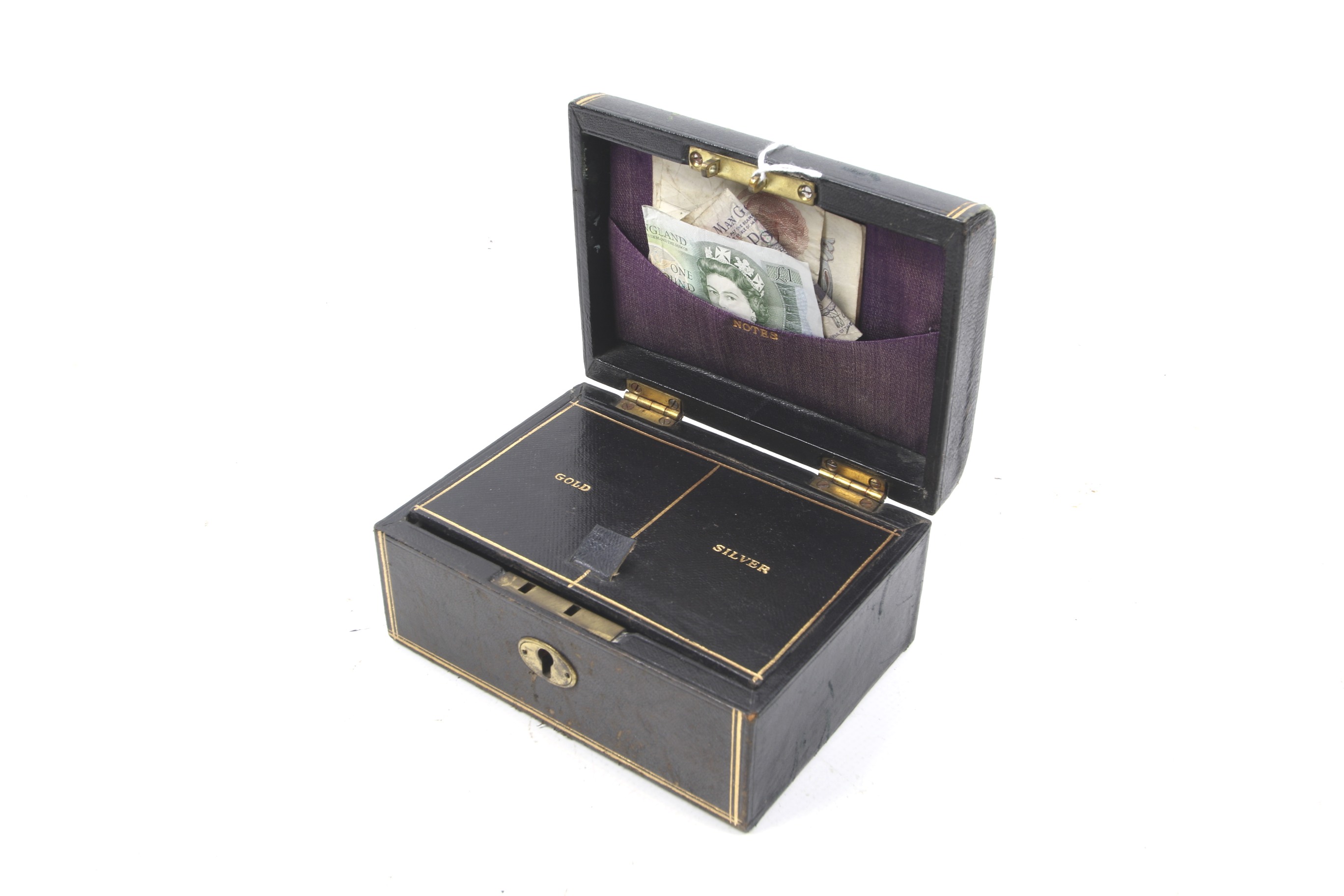 A Victorian leather travelling cash box and contents.