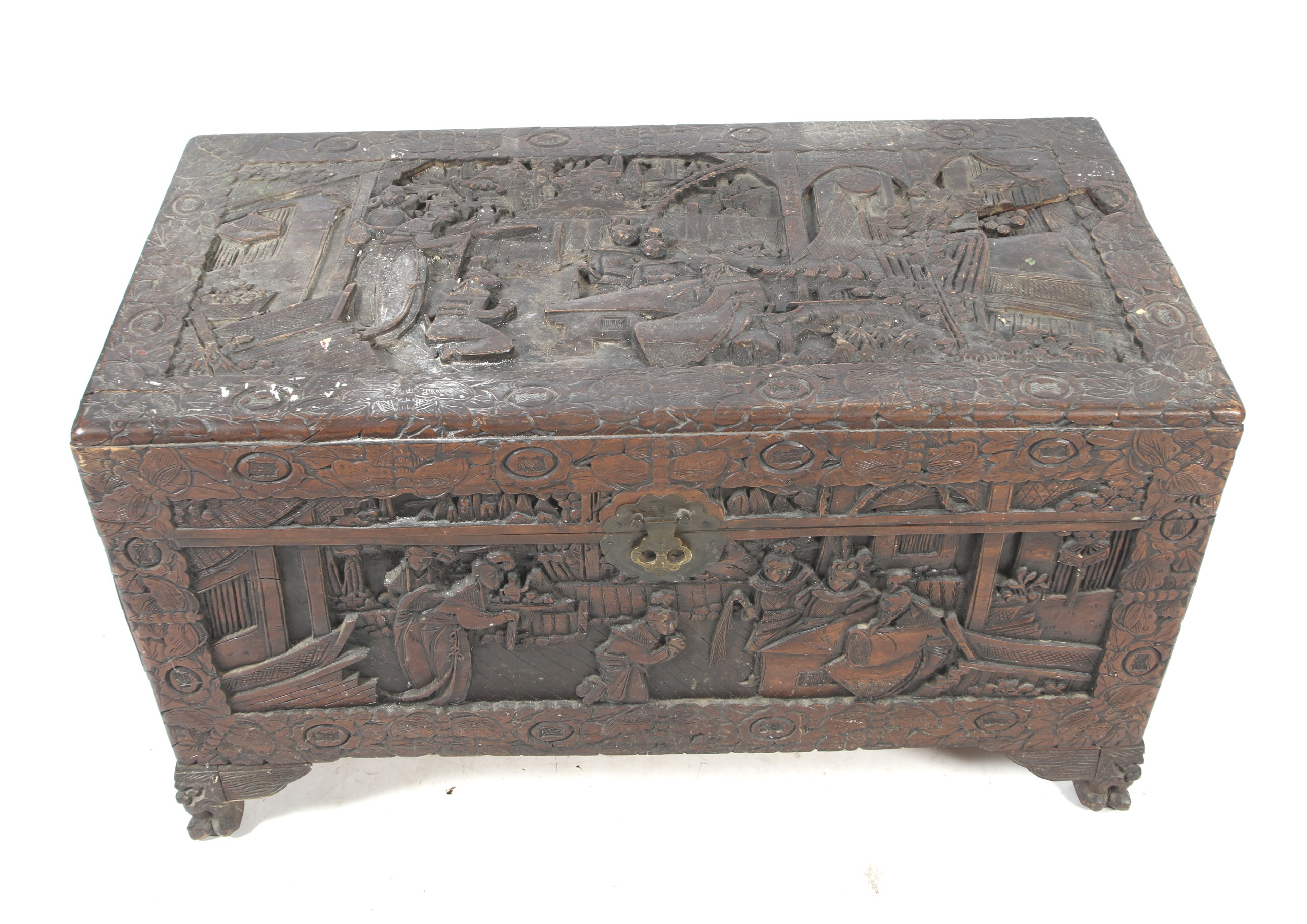 An early 20th century Chinese carved camphor wood chest.