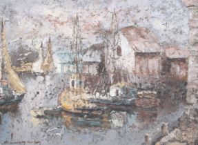 Rikard Lindstrom (1882-1943, Swedish), oil on canvas, fishing boats moored in the harbour.