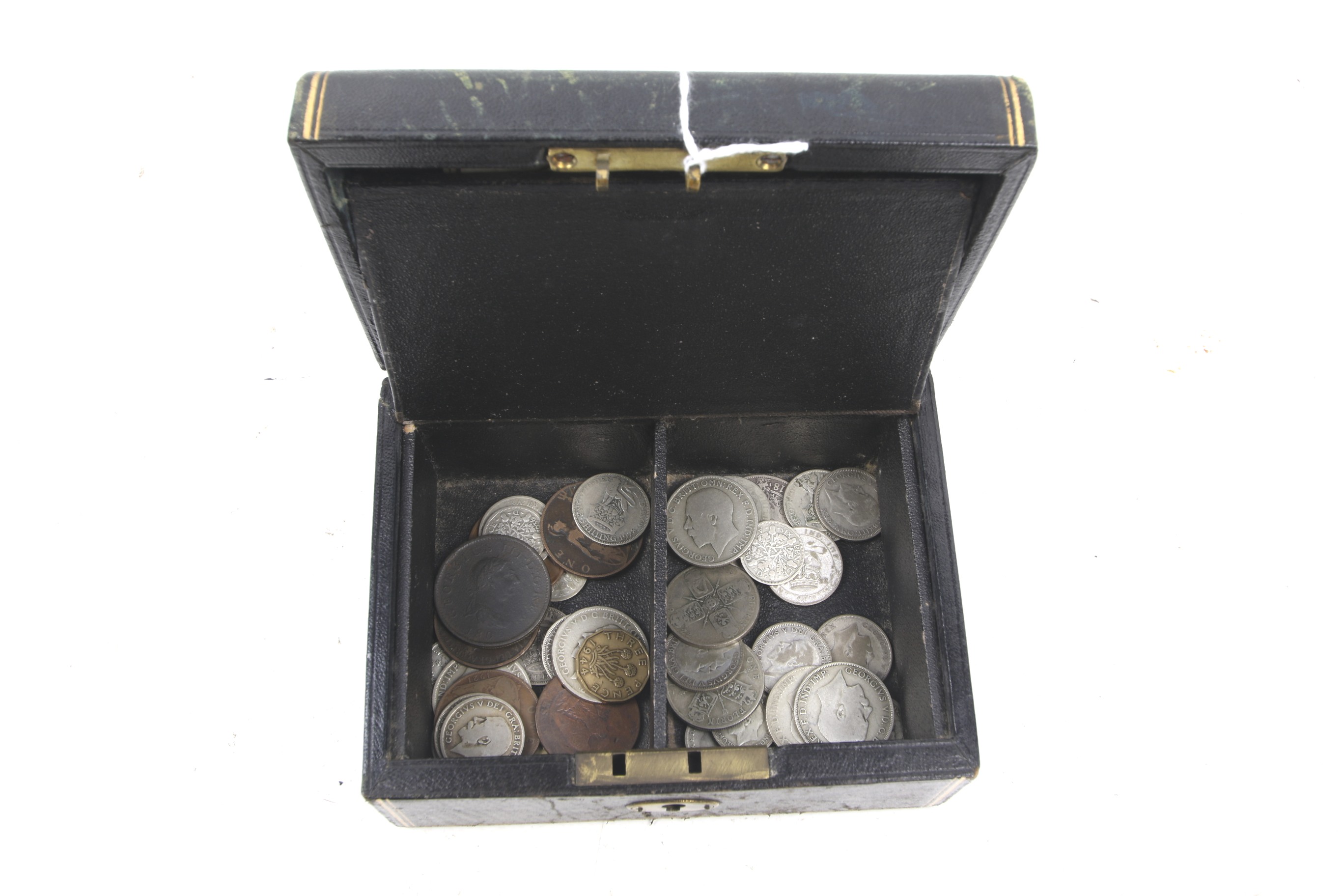 A Victorian leather travelling cash box and contents. - Image 2 of 2