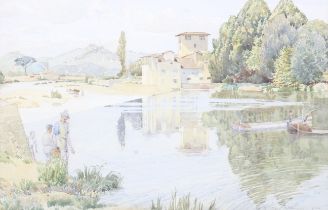 Arthur Gair Williamson (1882-1957), watercolour, figures fishing on a Tuscany river.