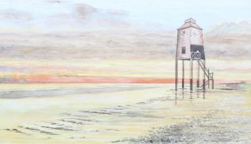 A contemporary signed watercolour depicting Burnham on Sea beach.