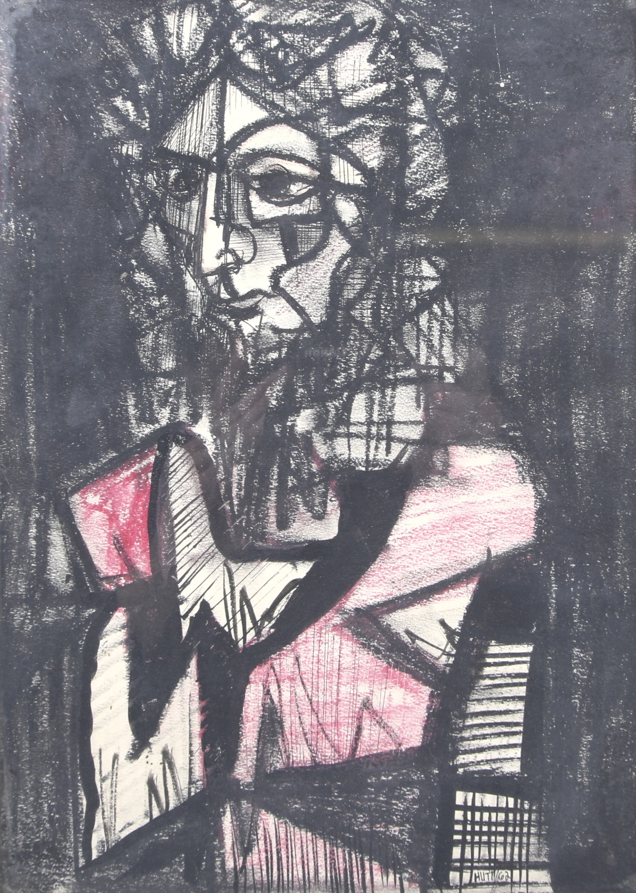 Hutt (20th century) pen and pastel, portrait of a figure.