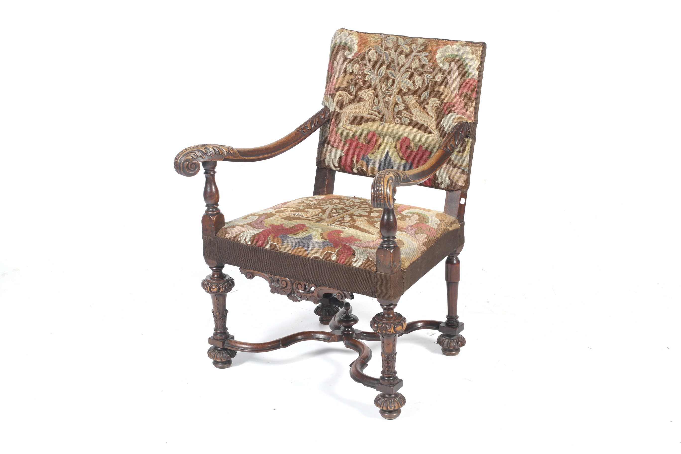 A William and Mary walnut open armchair.