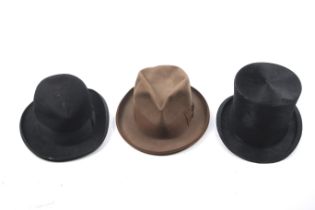 Three gentlemen's vintage hats. Including a silk top hat, a brown trilby by Scott & Co.