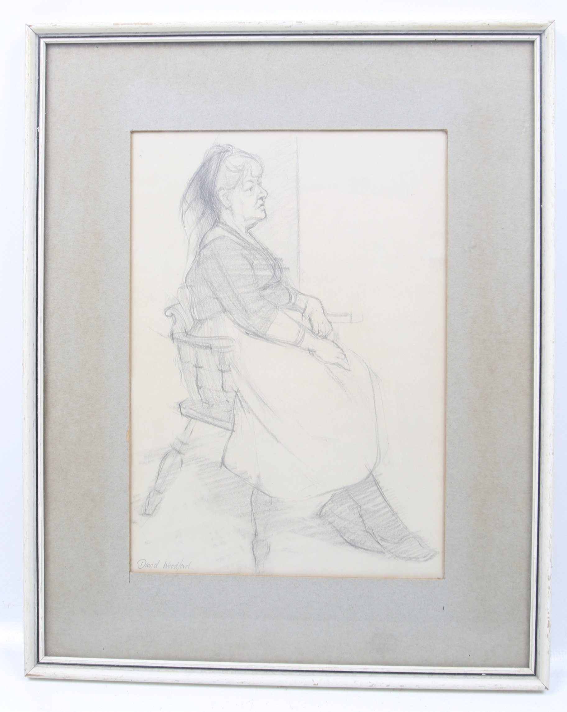 David Woodford (1938-), pencil drawing, woman sat in a smoker's bow chair. - Image 2 of 2