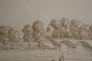 17th century, English School, brown pen ink drawing. Depicting a five arch bridge over a river.