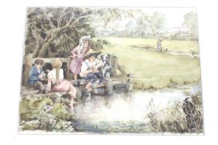 Eugene Richard 'Dick' Sturgeon (1920-1999) watercolour, 'Fishing for Tiddlers'.
