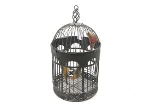 A vintage birdcage containing three three model birds.