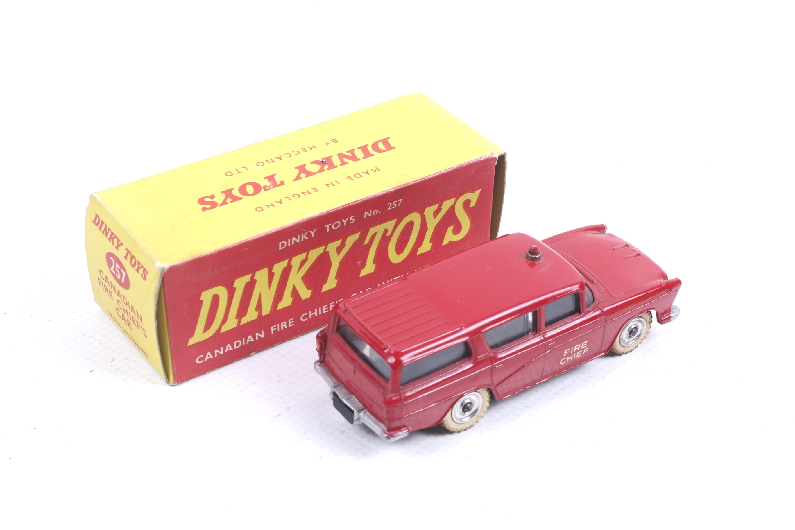 A Dinky diecast Canadian Fire Chiefs Car. No. 257, red body with white wheels, in original box. - Image 2 of 2