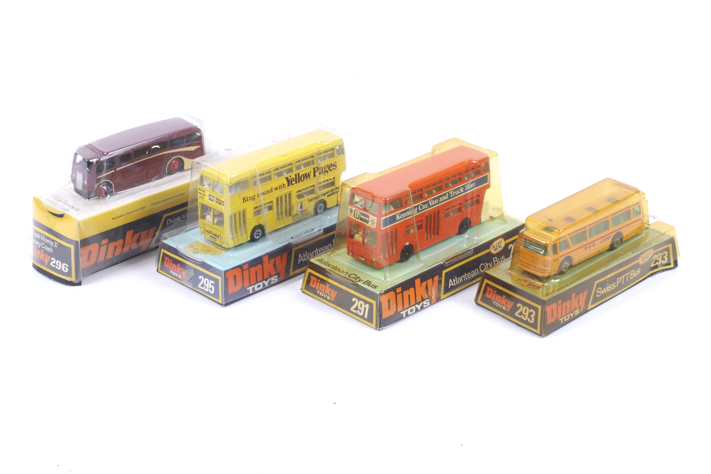 Four Dinky diecast buses. Comprising two Atlantean bus nos. 291 and 295, one Swiss PT bus no.