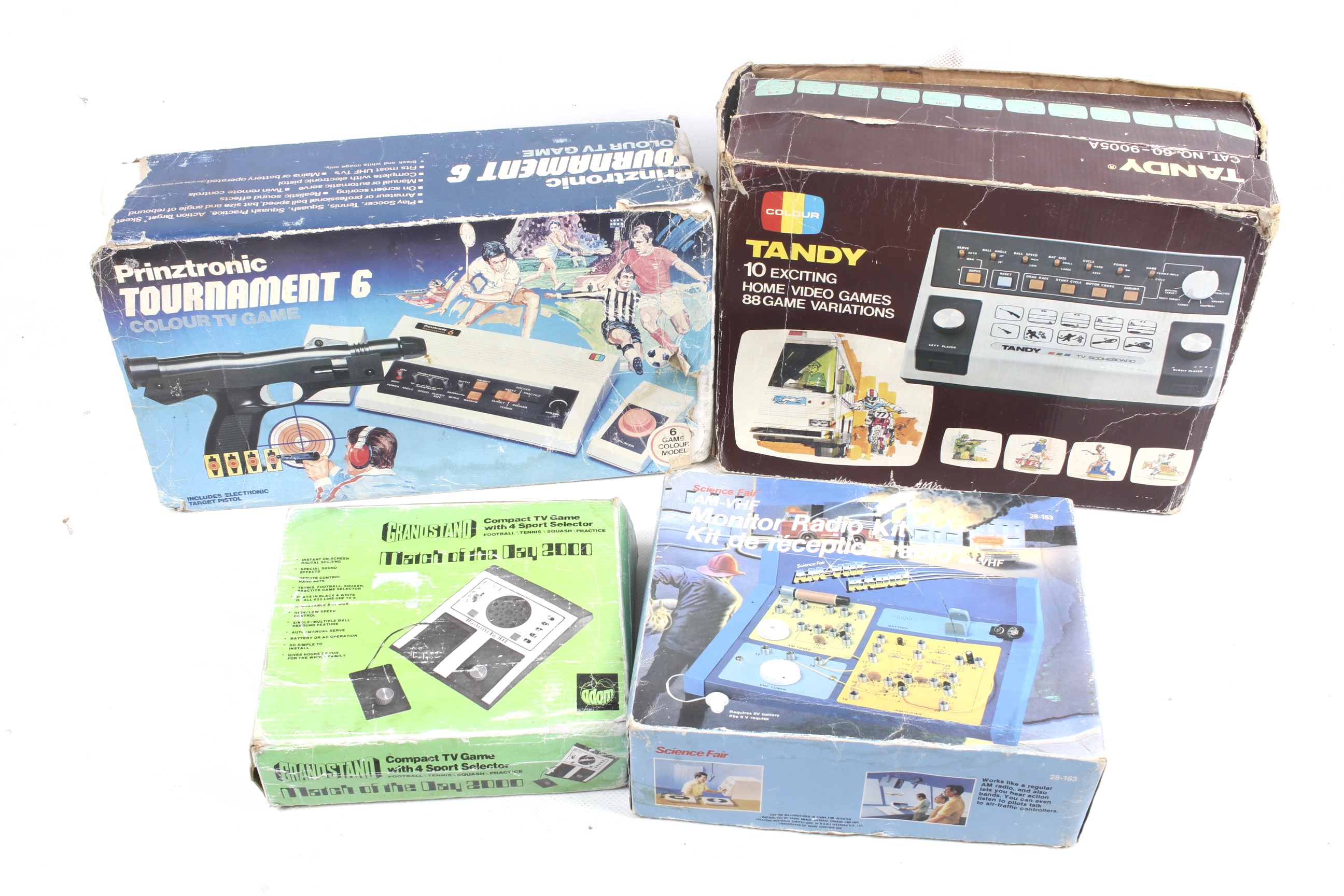 A collection of vintage games consoles.