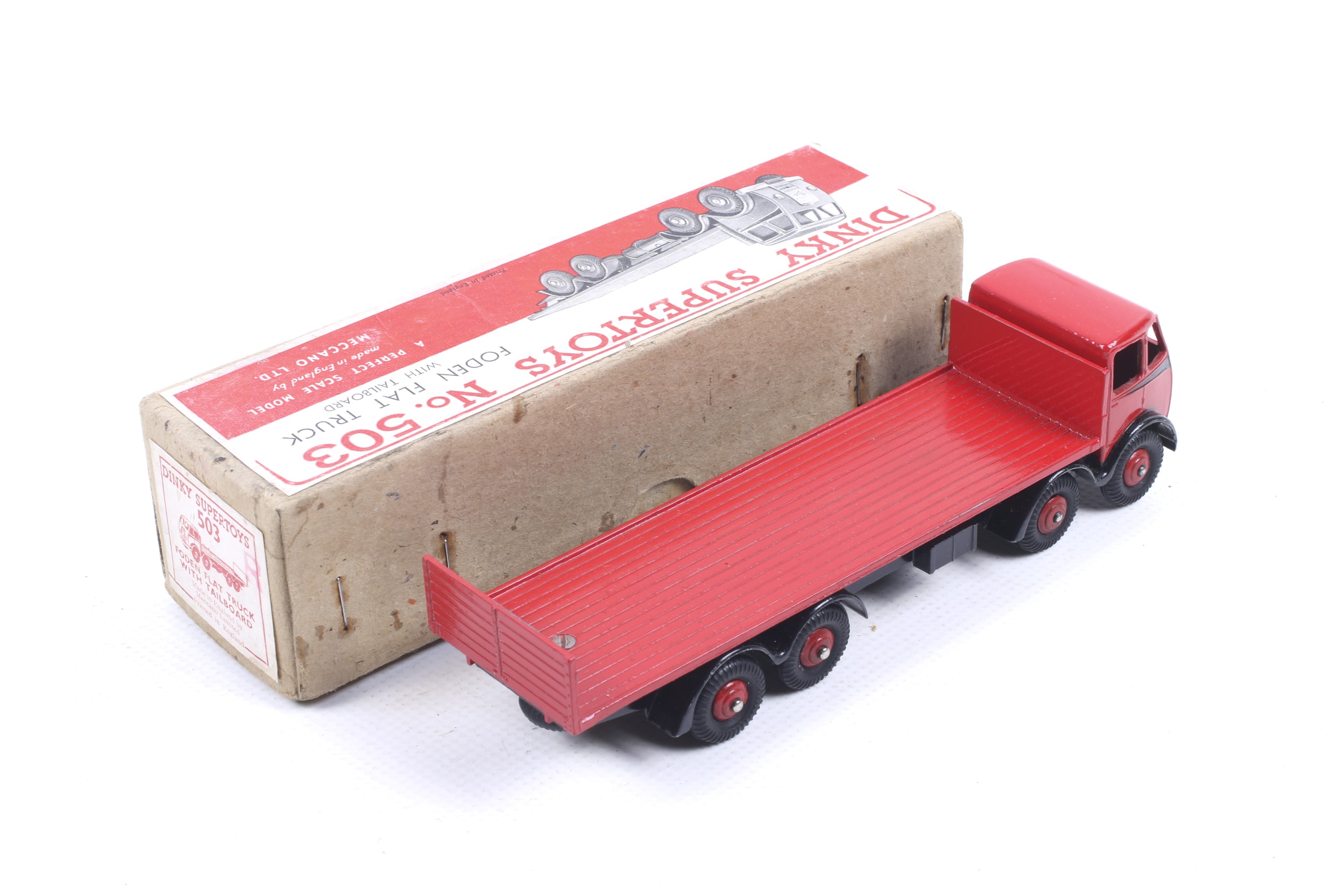 A Dinky diecast Foden Flat Truck. No. 503 (first type), with red body and trailer, in original box. - Image 2 of 2