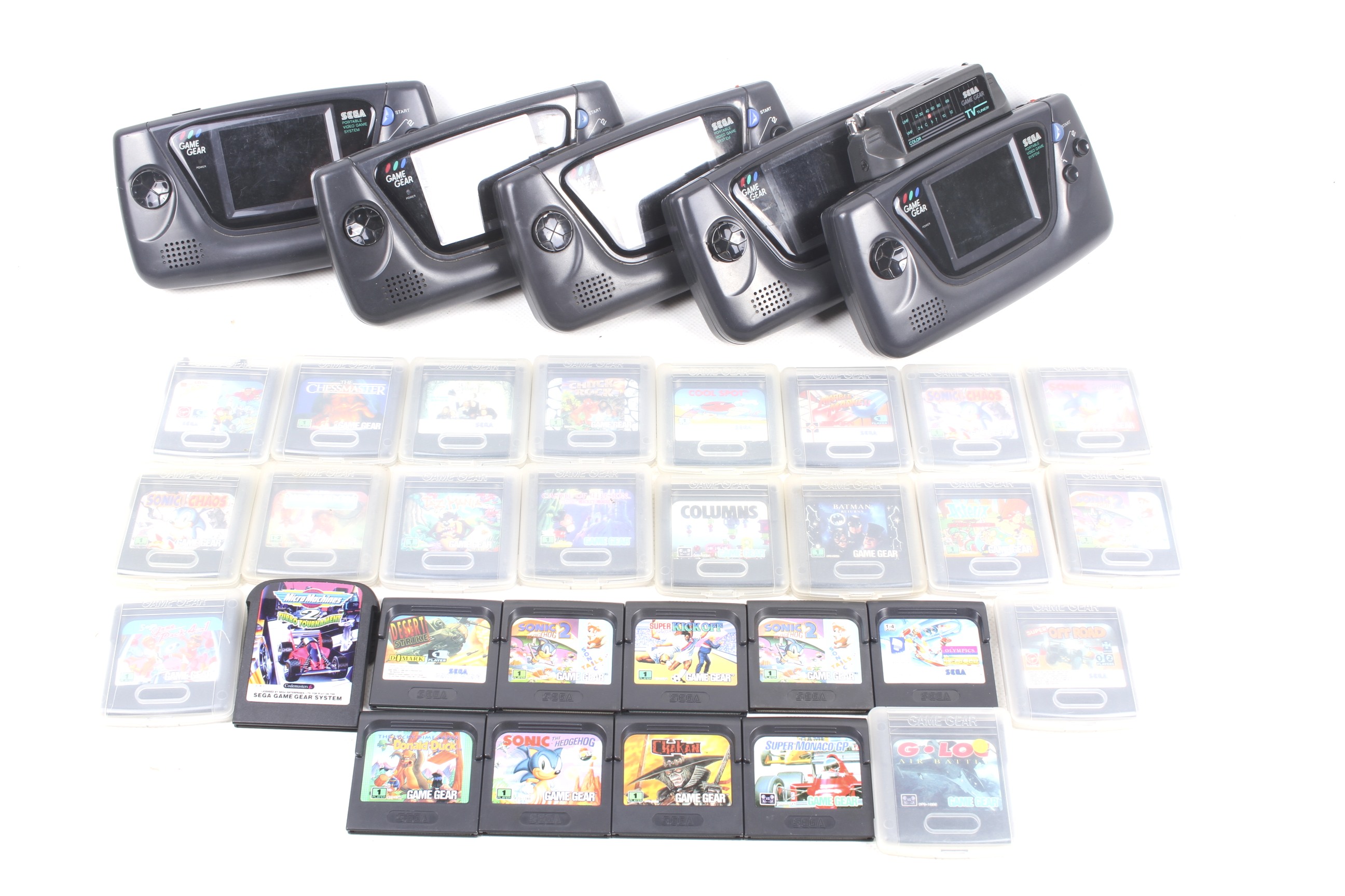 Five Sega Game Gear Handheld games consoles and games.