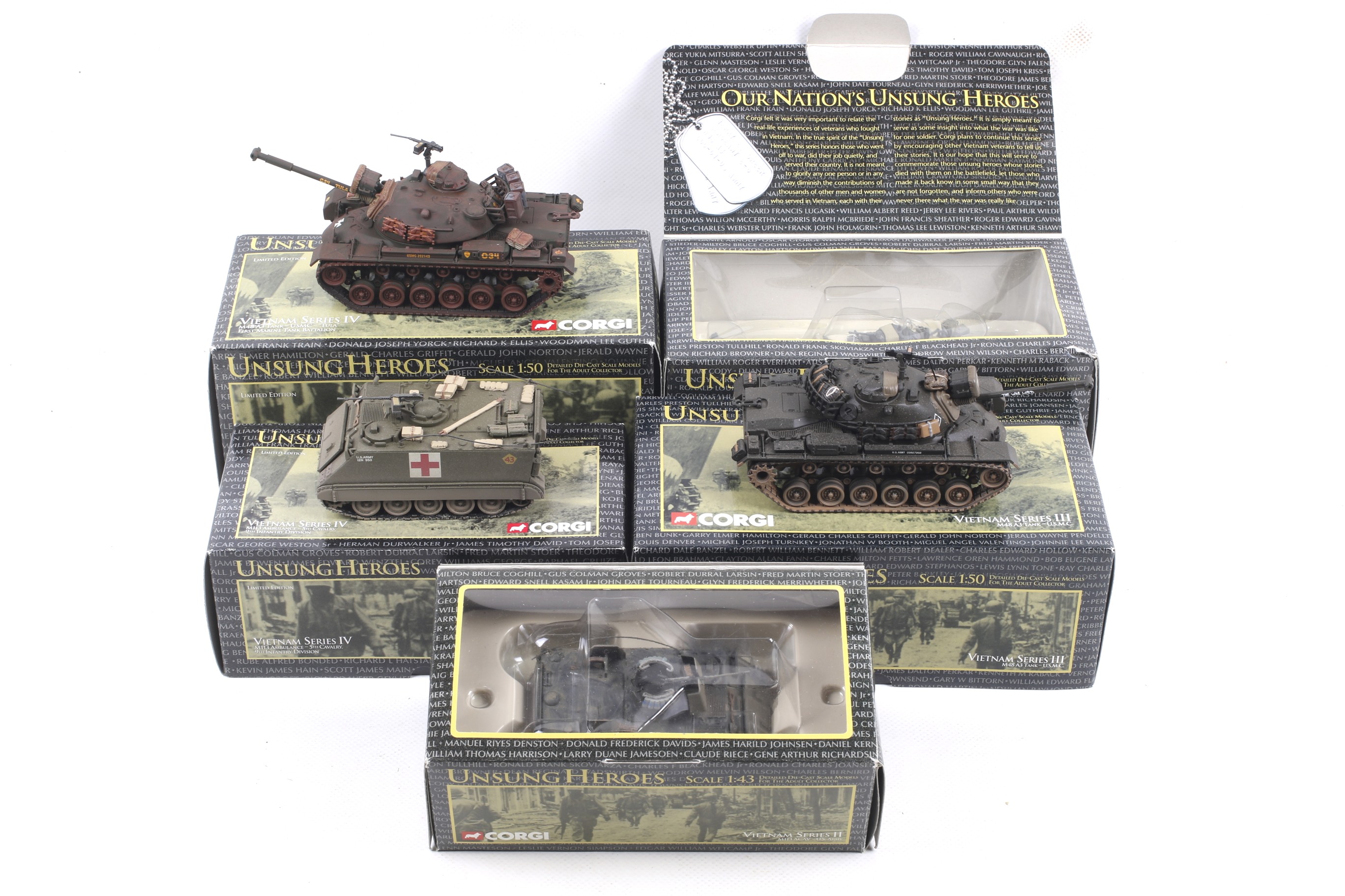 Five 1:50 scale Corgi Unsung Heroes military vehicles. Featuring one M113 Ambulance no.